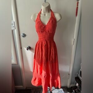 Elegant Coral Halter Dress